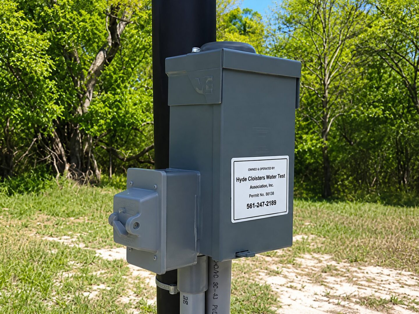 Gray electrical unit amidst greenery