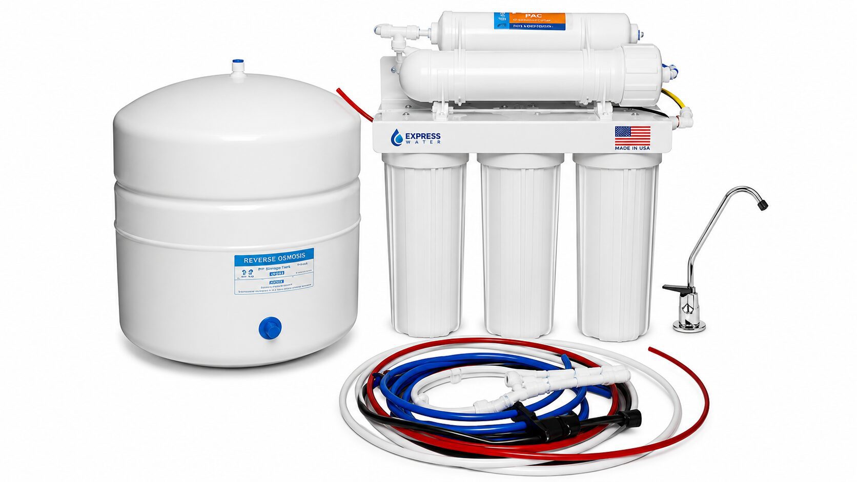 Water filtration system with tank and faucet