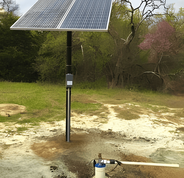 Solar panel powering water pump in nature.